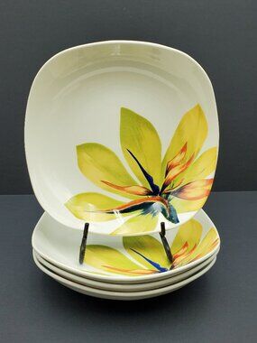 Pagnossin Floral Soup Salad Bowls Italian Square Flared Bird of Paradise Bowls